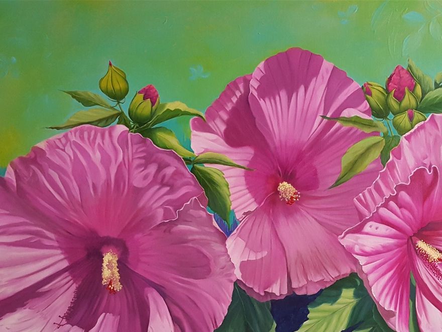 Beautés d'un jour 30 X 48 po. Huile sur toile, arrière-plan à l'acrylique / Copyrights